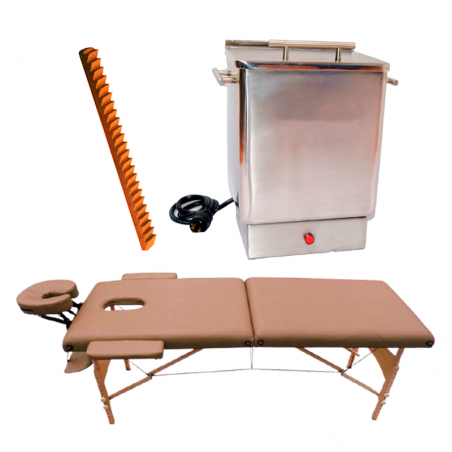 Mesa para masaje tres secciones con levanta piernas, compresero caliente 4 compresas y escalerilla de dedos