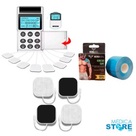 Electroestimulador con corrientes TENS EMS con 4 canales independientes, 20 electrodos 5 x 5cm y 10 cintas kinesiológicas