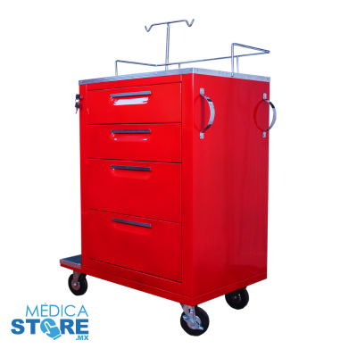 Venta de Carro de Emergencia Rojo 4 Cajones, fabricado en lamina esmaltada color rojo con envío en todo México.